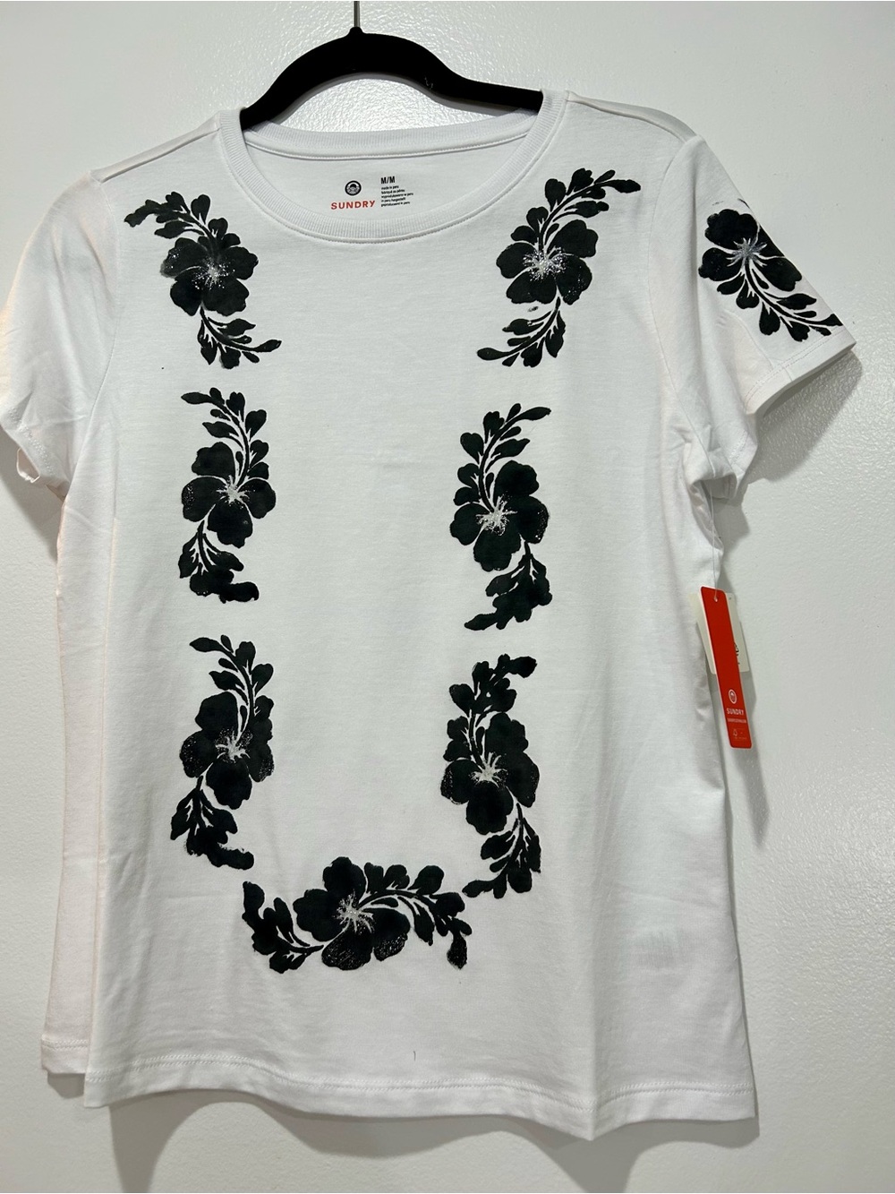 Sundry White Tee with Black Floral Columns